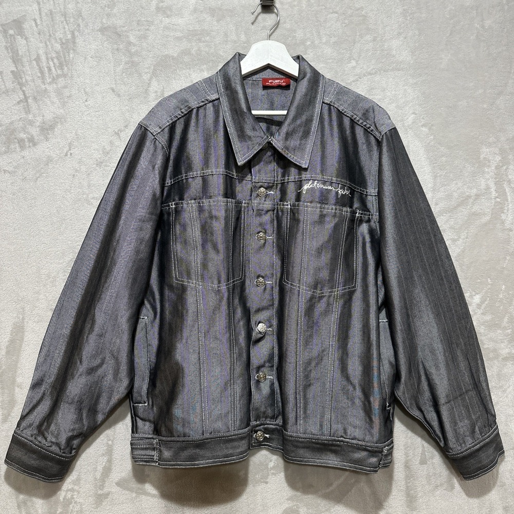 Platinum Fubu Fat Albert And The Junkyard Gang Denim Jacket Men's Sz L Y2K Gray